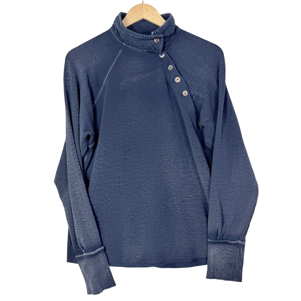 Free People Women XS Navy Pullover Asymmetrical Button Mock Neck Top Boho Casual